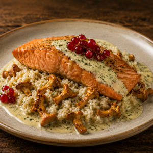 Heiß geräuchertes Lachsfilet auf Pfifferlingsrisotto