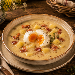 Dijonsenfsuppe mit glasigem Hühnerei