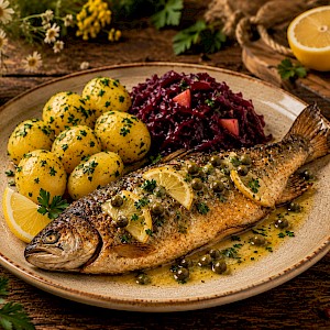 Forelle im Ganzen gebraten an Kapern-Zitronenbutter